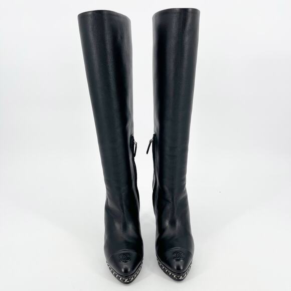 Chanel Black Lambskin CC Cap Toe Chain Detail Knee High Heel Boot size EU 37 - Picture 5 of 16